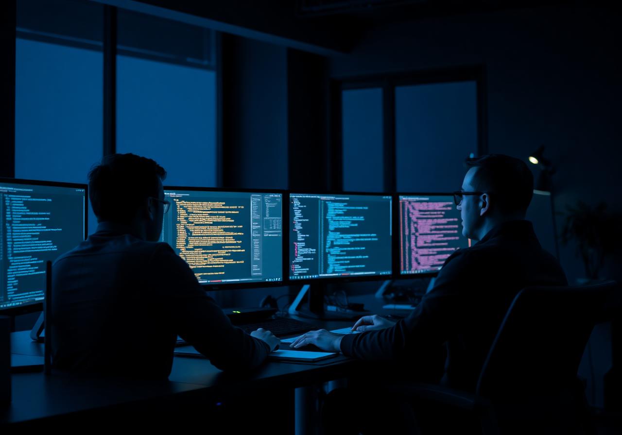 IT engineers collaborating on screens with code